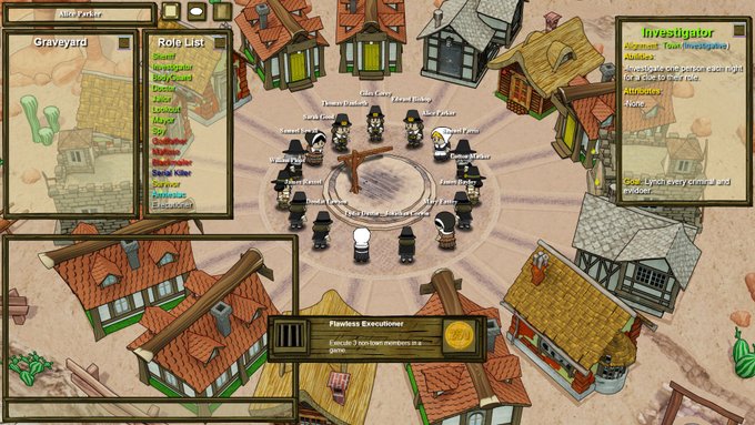 A video game town interface showing a graveyard area on the left, a role list panel, character avatars gathered in the center, and player information for 'lilvestigator' on the right.