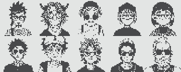 A black and white glitch-art pattern with ten symmetrical, jagged vertical shapes arranged in two rows.