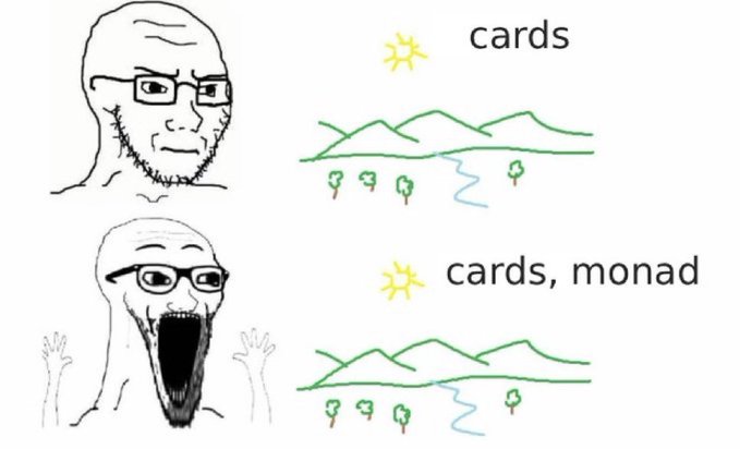 A meme contrasting two bald figures with glasses—one calm and one screaming—next to landscape doodles labeled "cards" and "cards, monad" with suns overhead.