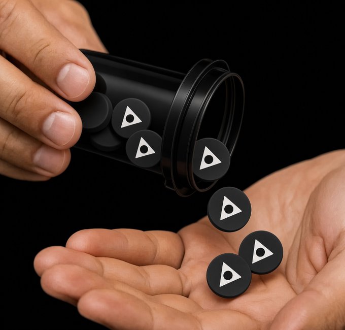 A close-up shows a hand pouring black tokens featuring the Arbitrum logo from a small black container into another hand.
