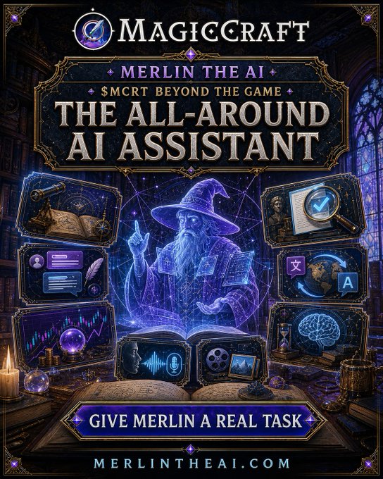 A promotional graphic for "MagicCraft" featuring a wizard labeled "Merlin the AI" with the tagline "$MCRT Beyond the Game" and "The All-Around AI Assistant," surrounded by icons representing research, translation, market analysis, and content creation tools. At the bottom, the call-to-action "Give Merlin a Real Task" appears alongside the website "merlintheai.com," visually reinforcing the post's message that $MCRT's utility extends beyond gaming into a versatile AI ecosystem.
