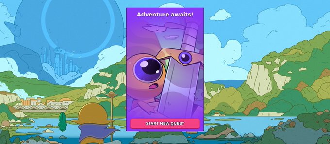 The image shows a promotional screen for an RPG game titled "Adventure awaits!" with a purple character holding a sword and a "START NEW QUEST" button, set against a scenic fantasy landscape backdrop. This relates to the post by promoting @Everdraw_RPG, where the user shares invite codes for others to join the project and earn a whitelist spot.