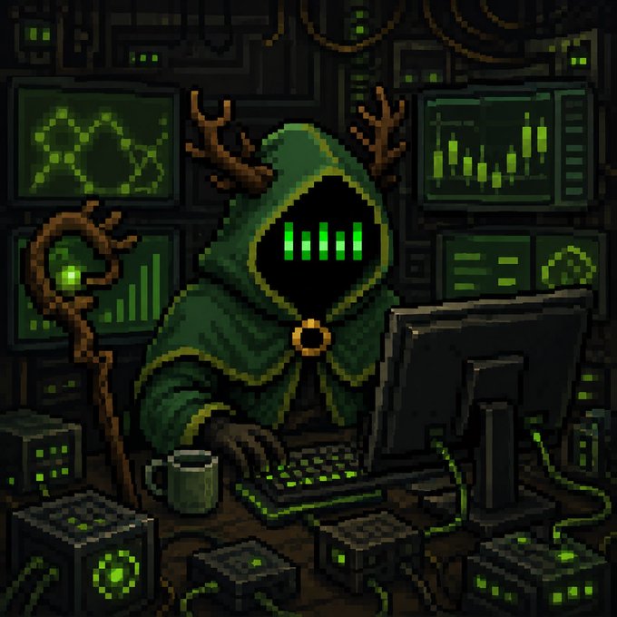 A pixel art illustration of a hooded green-cloaked figure with antlers and a glowing green digital face, typing on a keyboard surrounded by multiple computer monitors displaying charts and data.