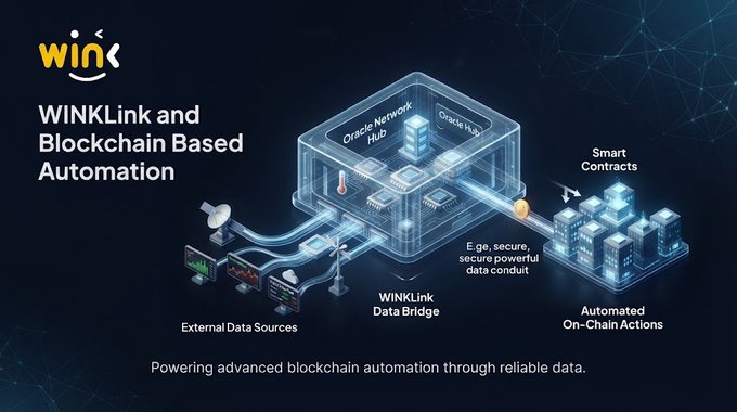A 3D infographic for "WINKLink" illustrates Blockchain Based Automation, showing a flow from External Data Sources through an Oracle Network Hub to Smart Contracts and Automated On-Chain Actions.