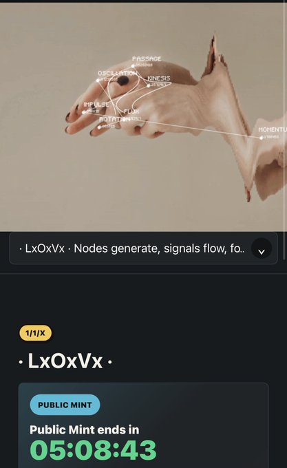 A promotional screen for a crypto/token project called 'LxOxVx' featuring an artistic image of a hand with interconnected nodes and labels, showing 'Public Mint ends in 05:08:43'.