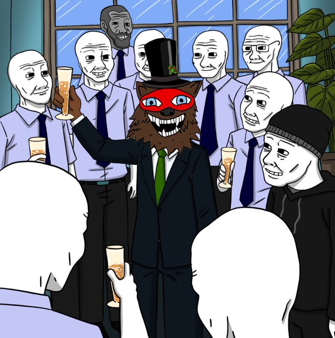 An animated illustration depicts a werewolf in a black suit, green tie, top hat, and red mask raising a champagne glass, surrounded by a group of pale, faceless men in shirts and ties also holding drinks.