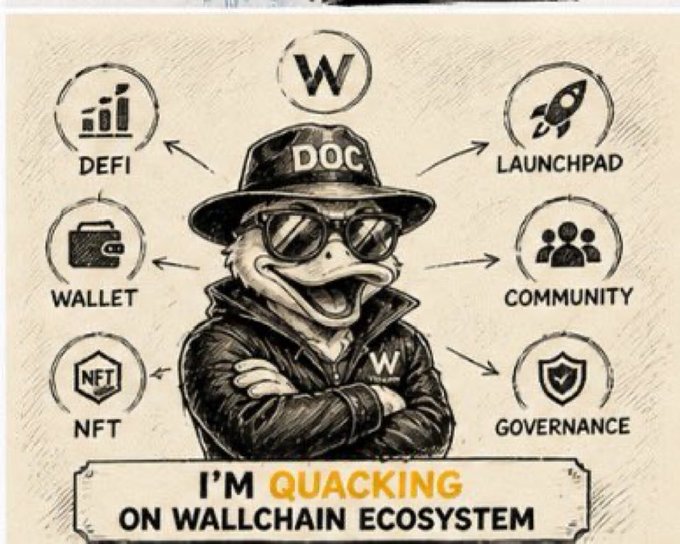 The image features a cartoon duck wearing sunglasses and a hat with the text "I'm Quacking on Wallchain Ecosystem" written above its head. The duck is surrounded by various symbols representing different aspects of the cryptocurrency world, such as a wallet icon, a community symbol, a government icon, and a governance icon. These symbols emphasize the interconnectedness of these elements within the ecosystem.
