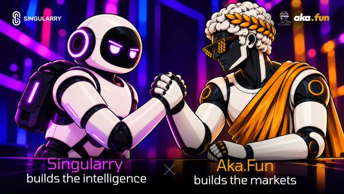 A vibrant illustration depicts two stylized robots arm-wrestling, with the left white-and-purple robot labeled "Singularry builds the intelligence" and the right black-and-gold robot wearing a laurel wreath and sunglasses labeled "Aka.Fun builds the markets," visually symbolizing the strategic partnership between the two AI-powered brands.