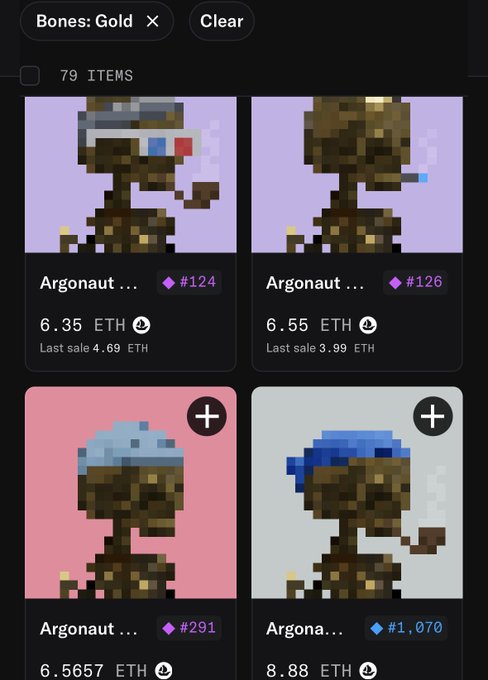 A mobile app screen displaying 79 NFT items filtered by 'Bones: Gold', showing pixel art 'Argonaut' character listings priced in ETH, including #124 at 6.35 ETH and #126 at 6.55 ETH.