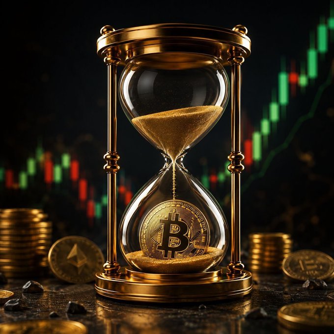 An ornate golden hourglass holds sand trickling down onto a Bitcoin coin, symbolizing how time and patience slowly accumulate crypto wealth. Behind it, a candlestick chart trends upward with green gains overtaking red losses, reinforcing the message that patience is rewarded as the market eventually rises.