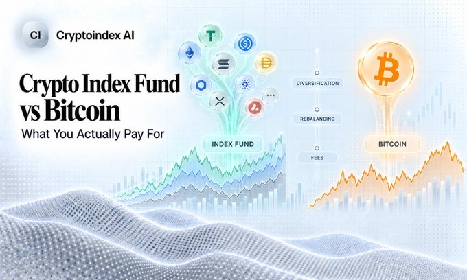 A promotional graphic for Cryptoindex AI compares 'Crypto Index Fund vs Bitcoin,' featuring logos of various cryptocurrencies, with labels for 'INDEX FUND' (Diversification, Rebalancing, Fees) and 'BITCOIN'.
