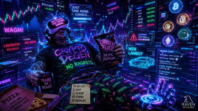 A meme-style character in a "Crypto Degen - No Regrets" shirt eats pizza amidst multiple glowing trading screens showing tickers like BTC/USDT (+6.66%), SOL (+21.87%), and DOGE, with signs reading "Just One More Candle" and "Degen Fuel," perfectly capturing the chaotic late-night crypto session referenced in the post asking "Why are you active champ?"