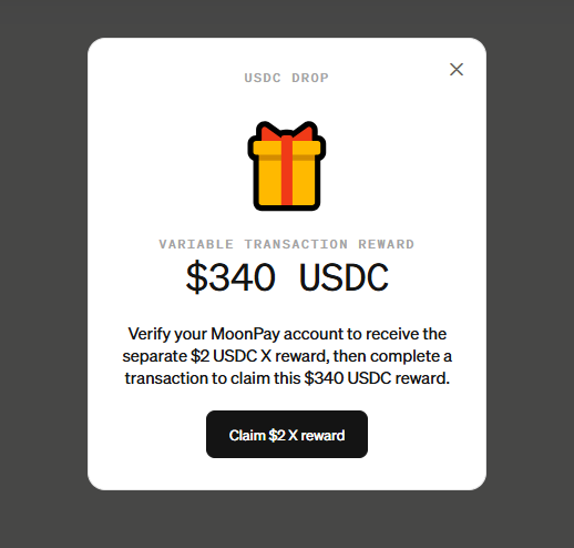 The image shows a "USDC DROP" pop-up offering a $340 USDC variable transaction reward from MoonPay, with a button to "Claim $2 X reward" after verifying an account. The post's mention of "drop that number 40 at the end" humorously references the $340 figure in the pop-up, suggesting the user is mocking the small actual payout relative to the flashy displayed reward amount.