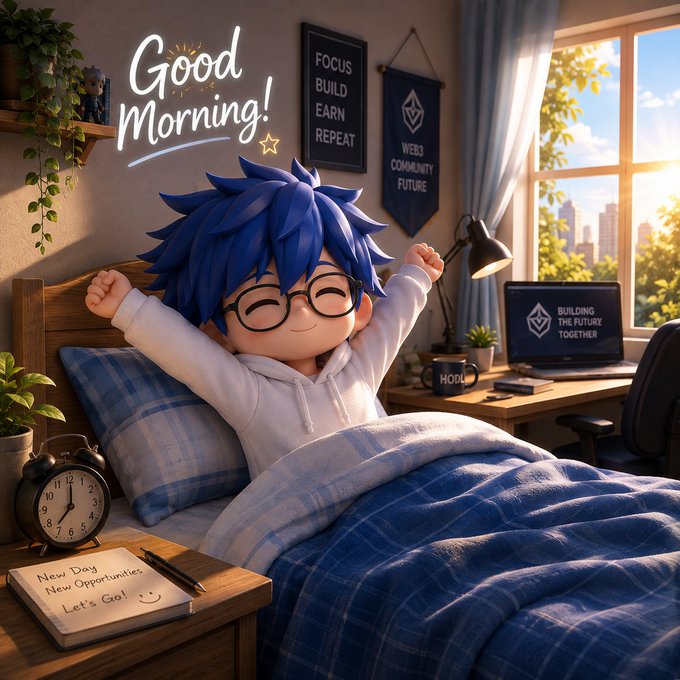 A 3D cartoon character with blue hair wakes up stretching in bed with 'Good Morning!' text above, alongside notes saying 'FOCUS BUILD EARN REPEAT', 'WEB3 COMMUNITY FUTURE', and a notebook reading 'New Day New Opportunities Let's Go!'.