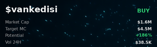 A cryptocurrency token information display for '$vankedisi' with a BUY recommendation, showing Market Cap of $1.6M, Target MC of $4.5M, Potential of +186%, and 24-hour Volume of $38.5K against a dark starry background.