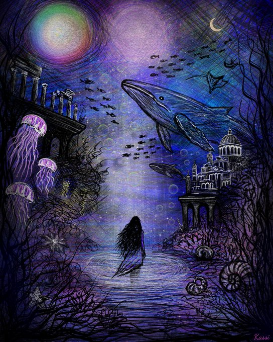 A fantasy digital artwork depicting a silhouetted figure standing in water, surrounded by glowing jellyfish, a large whale, ancient ruins, and ammonite shells under a vibrant purple and blue cosmic sky with stars and a crescent moon.