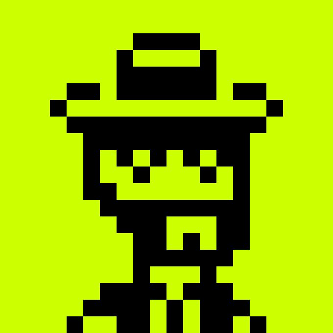 A pixelated black silhouette of a character wearing a hat, displayed on a bright yellow-green background, styled as an OnChainHoodies NFT profile picture.

The image serves as an example of the pixel-art PFP collection the user is hunting for, capturing the retro, early-2021 NFT aesthetic they nostalgically reference.