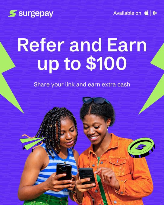 A SurgePay promotional advertisement reading 'Refer and Earn up to $100 - Share your link and earn extra cash,' featuring two smiling women looking at smartphones against a purple background with the text 'Available on iOS'.