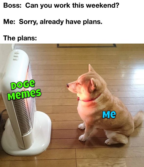 A meme featuring a Shiba Inu dog sitting in front of a space heater, with text reading 'Boss: Can you work this weekend? Me: Sorry, already have plans. The plans: DoGe Memes Me'.