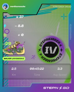 A STEPN GO digital sneaker NFT card (Walker #613583543, Efficiency x37) earning GST at 2.5 Km over 00:45:22 with a 3.3 Avg Speed and an ENFMEMBER IV badge.