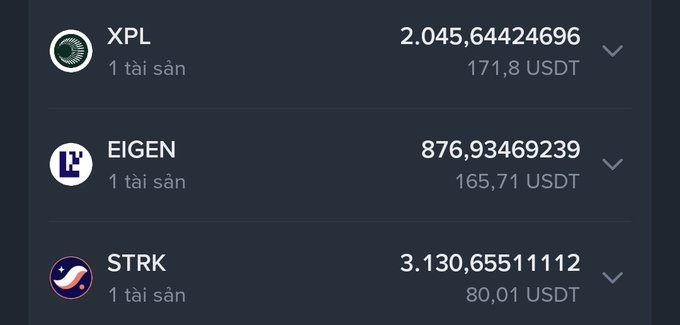 The image shows a crypto portfolio displaying three altcoins: XPL (2.04564424696, valued at 171.8 USDT), EIGEN (876.93469239, valued at 165.71 USDT), and STRK (3.13065511112, valued at 80.01 USDT). This visually supports the post's lament about holding three altcoins that the user believes will never return to their entry price, with the relatively low USDT values reflecting the significant losses from holding large quantities of these depreciated tokens.
