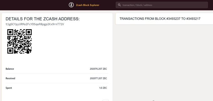 A Zcash Block Explorer page displaying details for a ZCASH address 't1gSCYpyURNb2FcYOSqeR8pgp2k×9rnT72V' with a QR code, balance of 202077.207 ZEC, and 1.0 ZEC spent.