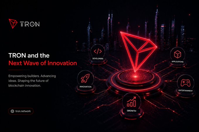 A TRON blockchain promotional graphic titled 'TRON and the Next Wave of Innovation' featuring icons for Developers, Applications, Innovation, Growth, and Entertainment surrounding a glowing red diamond logo.