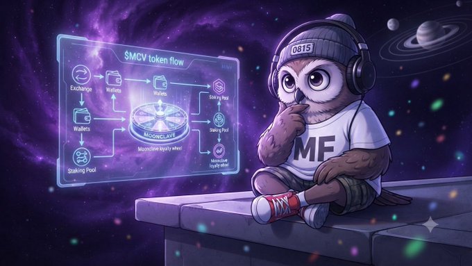 An illustrated cartoon of an owl wearing a beanie labeled '0815' and a shirt with 'MF' on it, sitting on a ledge in space contemplating an 'SMCV token flow' diagram showing exchanges, wallets, and staking pools connected to 'MOONCAVE.'