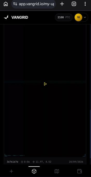 The image shows a mobile screenshot of the Vangrid platform dashboard displaying "2100 PTC" with a yellow circle showing "10", featuring a mostly dark, empty interface with numerical data including "36761674," "0:06," "11.97, 8.52," and the date "28/09/2026" at the bottom. The dashboard's minimalist, data-focused interface reflects the post's discussion of operational pipelines for Physical AI data collection, suggesting this is the kind of platform where spatial data bounties and production-scale data gathering would be managed.