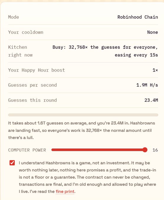 A screenshot of a Hashbrowns game interface on Robinhood Chain showing the kitchen is 'Busy: 32,768× the guesses for everyone,' with the user at 23.4M guesses this round, 1.9M H/s, and a computer power slider set to 16.