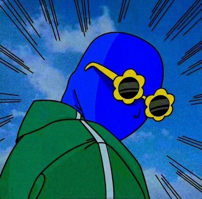An anime character with a blue head, yellow flower-shaped sunglasses, and a green jacket stands against a bright blue sky with action speed lines.