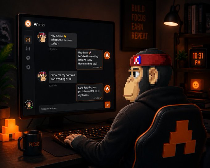 A pixel-art character wearing a red headband sits at a dark, mood-lit desk chatting with an AI assistant called "Anima" on a curved monitor, with the conversation visible asking about "the mission today," building "something amazing," and viewing a "portfolio and top NFTs," while a framed poster reads "BUILD FOCUS EARN REPEAT," a clock shows "10:31 PM," and a mug displays "FOCUS"—visually reinforcing the post's theme of late-night digital engagement and cautious reflection on fast-moving crypto/NFT activity like $ARC.