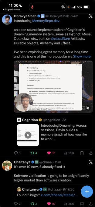 A Twitter/X screenshot showing Dhravya Shah (@DhravyaShah) introducing "MemoryRepo.dev," an open-source implementation of Cognition's dreaming memory system built on @cloudflare, with a reply from @chaaii noting bugs found in software.