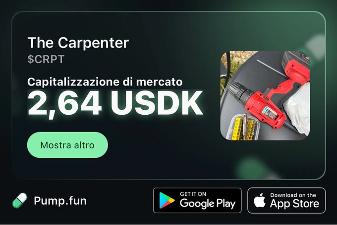 A sign promoting an app titled "The Carpenter" is displayed, which includes a photo of a drill next to a piece of wood. The sign also mentions that there are two $64 US Dollars (USD) available for purchase through the app. Additionally, the image shows a user-generated review on the app's Google Play Store page for this particular product.