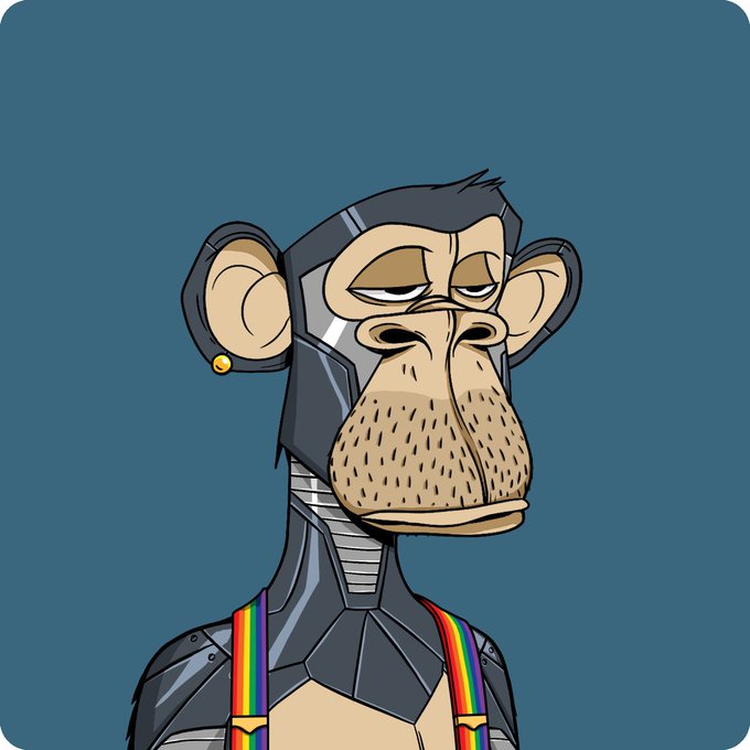 The image features a cartoon monkey wearing a suit of armor and holding a rainbow-colored umbrella. The monkey appears to be wearing a mask or costume that gives him an interesting appearance, possibly as a character from a video game or animated movie. The background is blue with white text that reads "Greetings to all my Chinese @BoredApeYC friends! Very happy to meet everyone, looking forward to connecting with you all~ APE FOR LIFE".