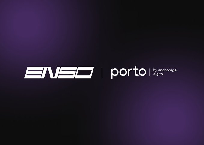 The image features the "ENSO" logo alongside "porto" branding with a "by anchorage digital" tagline on a dark purple gradient background, visually representing the partnership between Enso and Anchorage Digital's Porto wallet for institutional access to tokenized assets as described in the post.