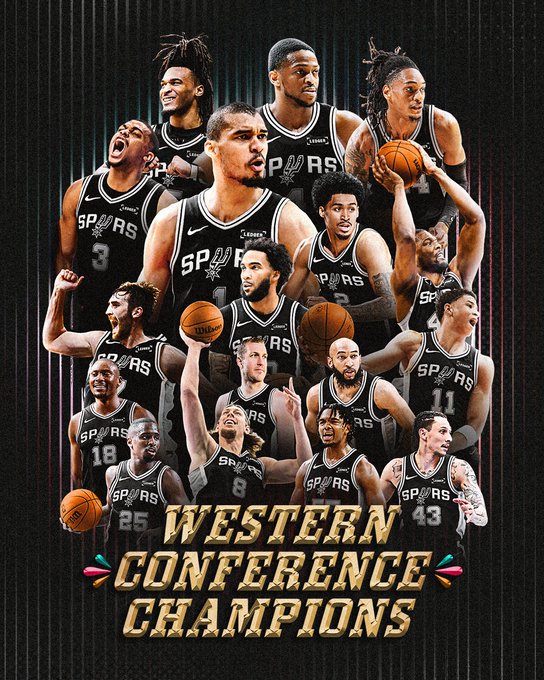 The image features a group of basketball players posing for a team photo, all wearing their respective uniforms with spurs on them. The text "Western Conference Champions" is written above the photo, indicating that this is an advertisement or promotional material related to the Western Conference Champions basketball team.