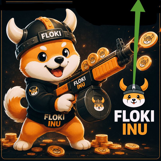 A promotional illustration for FLOKI INU featuring a cartoon Shiba Inu dog wearing a viking helmet and holding a large gun, surrounded by FLOKI coins and a green upward arrow.