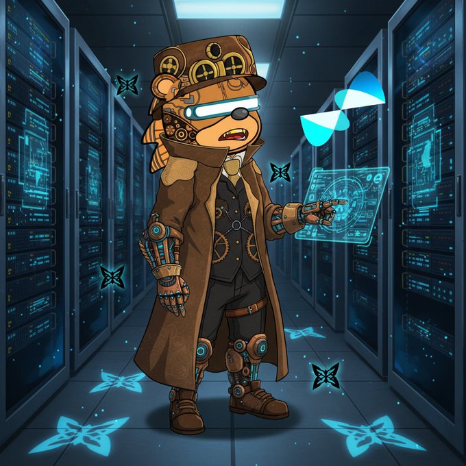 A steampunk-styled anthropomorphic character with goggles, a top hat, and a brown trench coat stands in a server room, holding a holographic interface displaying technical data, surrounded by glowing blue butterflies.

The image visually reinforces the post's themes of running nodes on the QuipNetwork testnet, with the character's steampunk aesthetic and holographic data interface symbolizing the "quantum-powered validations" mentioned, while the server room backdrop directly represents the node infrastructure the user has been operating.