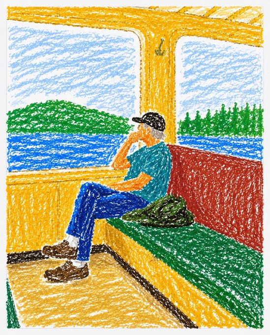 A man in a baseball cap sits alone on a green and red bench inside a ferry, gazing out at a lake surrounded by green trees, depicted in a colorful crayon-style illustration. The serene artwork pairs with the post's promotion of an affordable collaboration art drop with another artist, offering viewers a chance to collect original pieces at a low price.