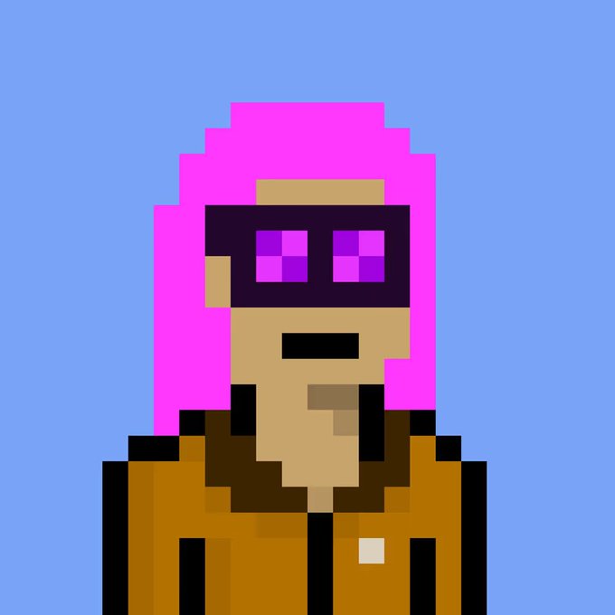 A pixel art portrait of a character with bright pink hair, purple pixelated sunglasses, tan skin, and a brown jacket set against a solid blue background.