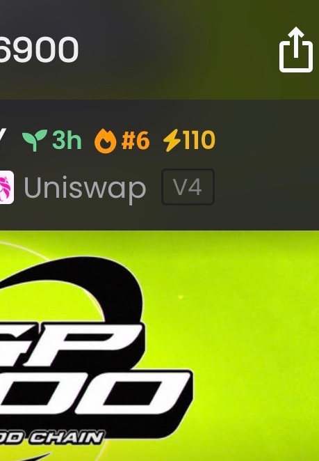 A partial view of a token page showing the number 6900, a 3h timeframe, rank #6, 110 lightning, and the Uniswap V4 logo above a bright green graphic with the text 'CHAIN'.