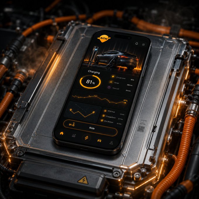 A smartphone rests on an industrial EV battery module, displaying the "NTN" app interface with a charging status of 81%, a sleek car graphic, and metrics including "Charge Level 90%," "Range 386 km," and "Temp Left 24 min." The image visually reinforces the post's message about reclaiming control of personal mobility data—pairing the physical hardware of electric vehicle movement with a digital interface that empowers the user to govern how their information leaves the device.