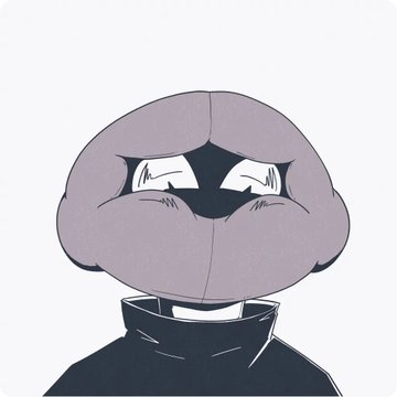 A simple cartoon drawing of a round, purple character with a frowning expression, half-closed eyes, and blush marks, wearing a black collared shirt.