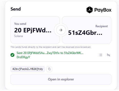 A PayBox cryptocurrency transaction confirmation screen showing a transfer of 20 EPjFWdd5Au tokens (Solana) to recipient address 51sZ4Gbr...