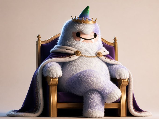 A whimsical plush character with a fluffy white and purple body, wearing a crown and a royal cape, sitting on an ornate golden throne.