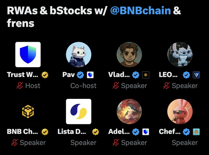 A Twitter Spaces lineup titled 'RWAs & bStocks w/ @BNBchain & frens' listing participants including Trust Wallet (Host), Pav (Co-host), and speakers Vlad, LEO, BNB Chain, Lista DAO, Adel, and Chef.