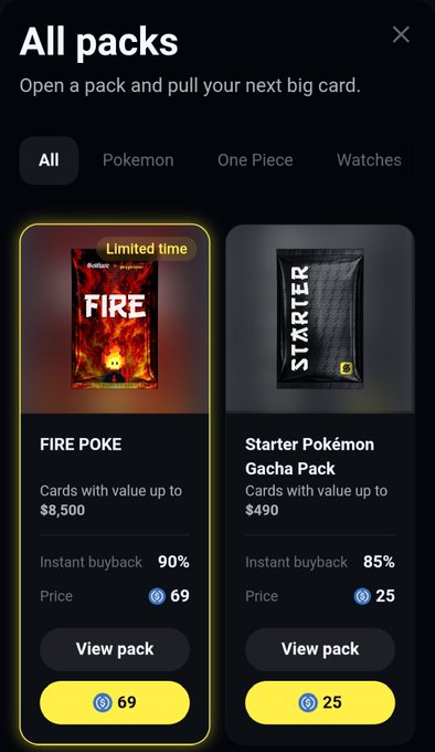 A mobile app screen titled 'All packs' showing digital card packs for sale, including a 'FIRE POKE' pack for 69 coins (value up to $8,500) and a 'Starter Pokémon Gacha Pack' for 25 coins (value up to $490).