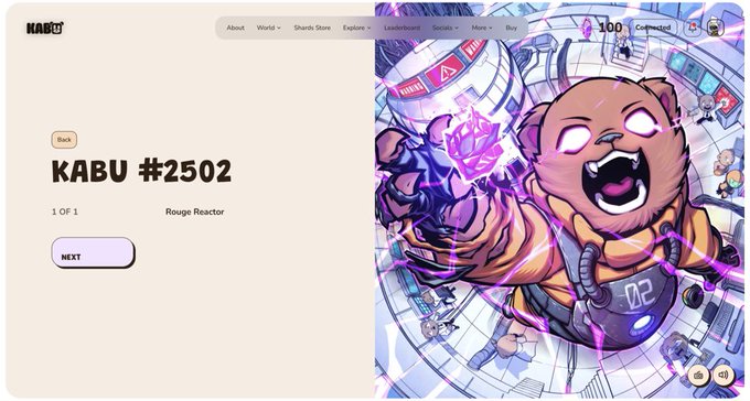 A webpage interface for "KABU #2502" displaying character art of a bear-like creature labeled "Rouge Reactor" with glowing pink eyes and a mechanical arm.