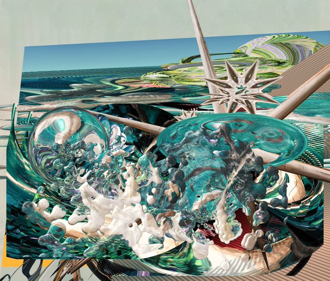 A surreal digital collage featuring abstract liquid-like forms, a reflective sphere, and a compass rose over a fragmented seascape.